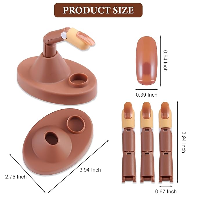 Practice Fingers for Acrylic Nails Adjustable Removable Fingernail Training Set with 1 Base Stand, 3 Fake Fingers, 100 Brown Nail Tips for Nail Beginners Manicure Art Practicing