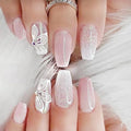 24Pcs Medium Long Press on Nails Gradient Pink Fake Nails White Flower with Rhinestones Nail Sequins Glitter Full Cover Glue on Nails Coffin False Nails for Women Girls Acrylic Nail Decorations