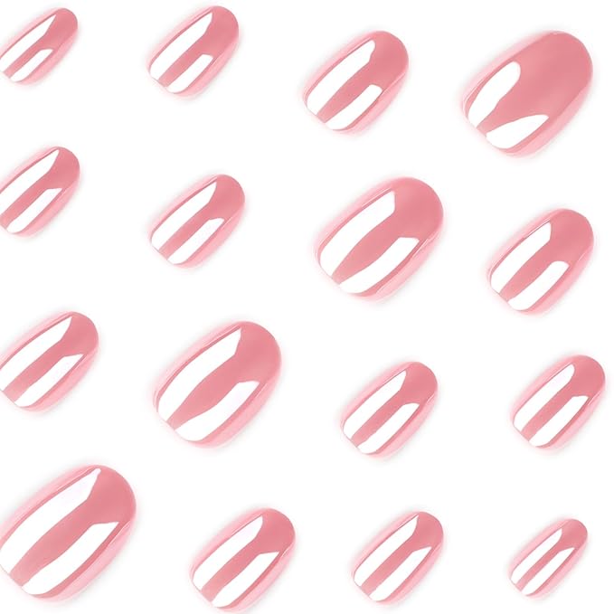 Chrome Press On Nails Short Square, Pink Fake Nails, Glossy Soft Gel Press On Nails with Chrome Design, Natural Reusable Glue On Nails Kit for Women, Stick On Nails for Daily Wear, 24 Pcs