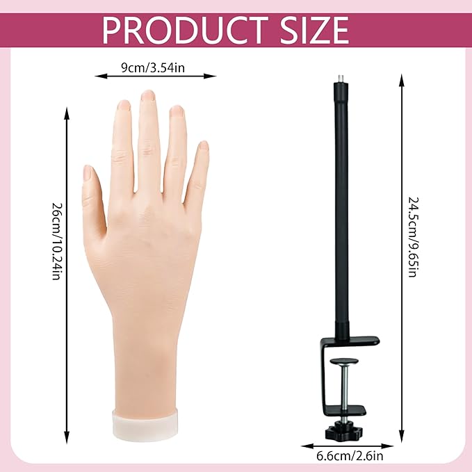 Nail Practice Hand, Practice Hand for Acrylic Nails - Flexible Right Hand Kit | 140 Tips, Glue, 6 Brushes, Clamp Stand | Manicure Training Tools for Beginners & Pros