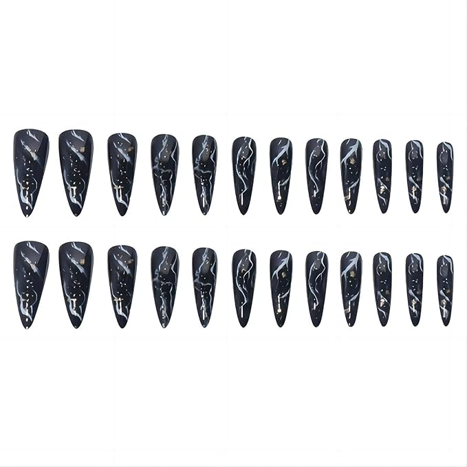 Black Marble Nails Press Ons Long Alomnd Tip Press on Nails Black Marble Design Fake Nails Full Cover Gel False Nails Kit for Womens 24pcs