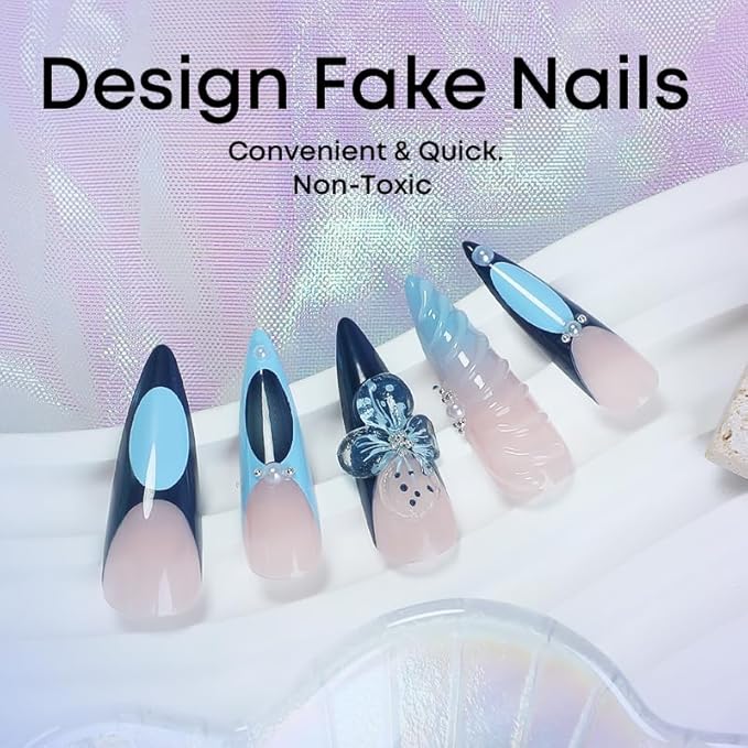 Press on Nails, 3D Blue Wing Design Long Stiletto False Nails with Rhinestone Decor, Reusable Artificial Nail Set for Women (24 Pcs)