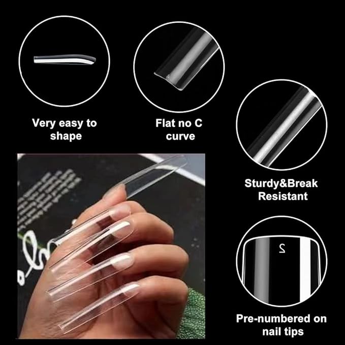 Acrylic 3XL Full Cover Square Nail Tips, 12 Sizes, 360pcs, Clear, Glossy Finish