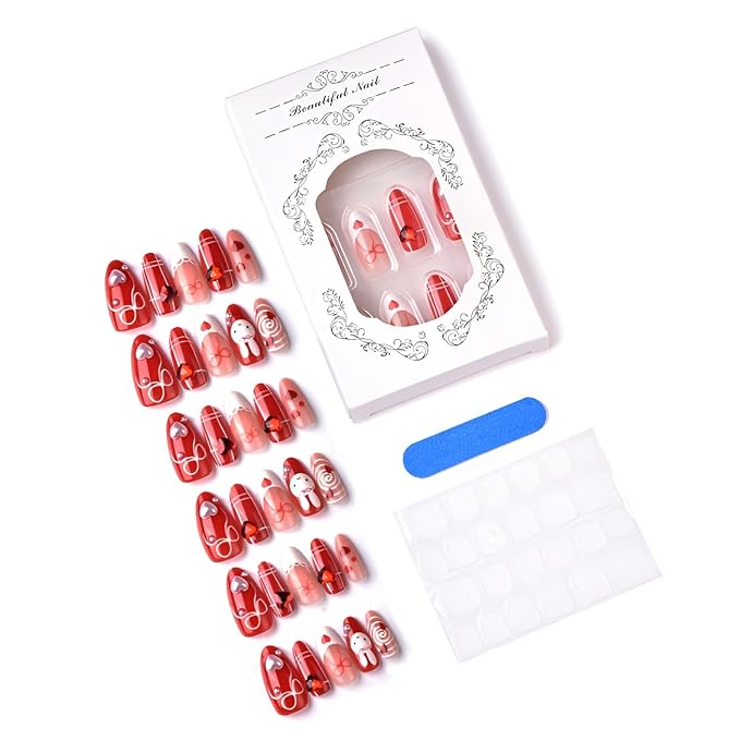 30Pcs Valentines Press on Nails Medium Almond Fake Nails 3D Heart False Nails Bow Nails Press Ons with Pearl Design Glossy Glue on Nail Heart Stick on Nail for Women Decoration Set