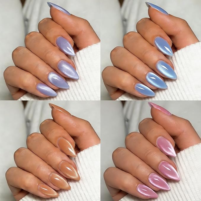KQueenest 4 Packs Cat Eye Press On Nails Almond, Glitter Summer Press On Nails Medium, Bright Fake Nails Press Ons Almond, Sparkle Chrome Glue On Nails for Women, 96 Pcs False Nails Kit