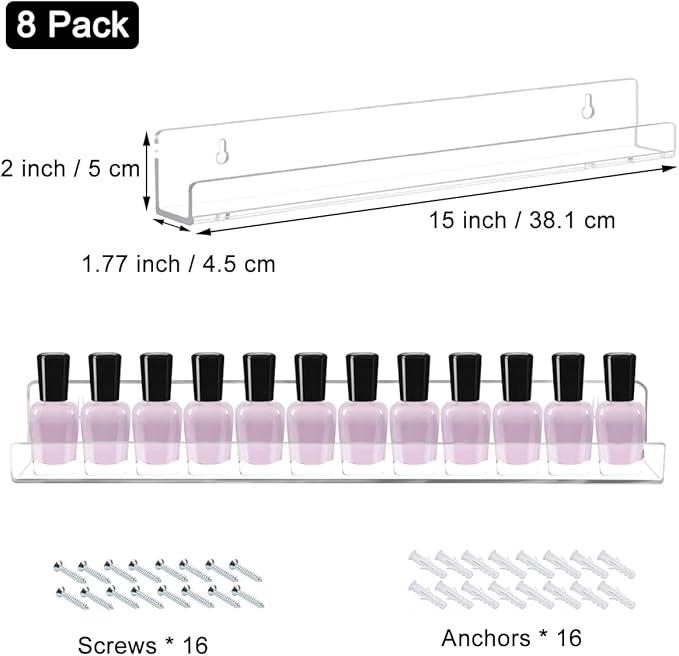 8 Pack Wall Mounted Shelf,Clear Acrylic Nail Polish Organizer Display, Wall Rack Nail Supplies for Nail Techs