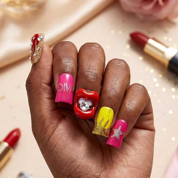 10 Pieces Luxury Acrylic Press On Nails Short Handmade Duck Nails, Pink Thickened False Nails, Rhinestone And 3D Red Lips, Reusable Fake Nails, Acrylic Nails (M)