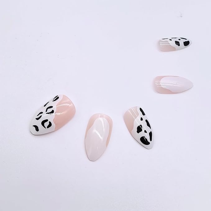 Press-On Nails Set, French Tip with Cow & Leopard Print, Medium Almond Shape, Reusable Fake Nails for Women