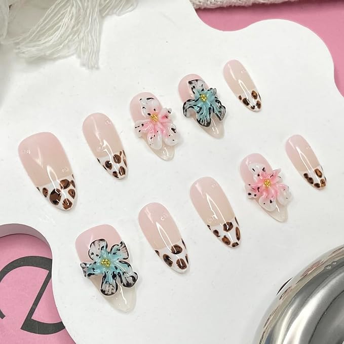 Handmade Press on Nails French Leopard Press on Nails Medium Almond Fake Nails 3D Blue Flower Embossed False Nails Designs Full Cover Acrylic Nails for Women Girls DIY Manicure Decorations (Size M)