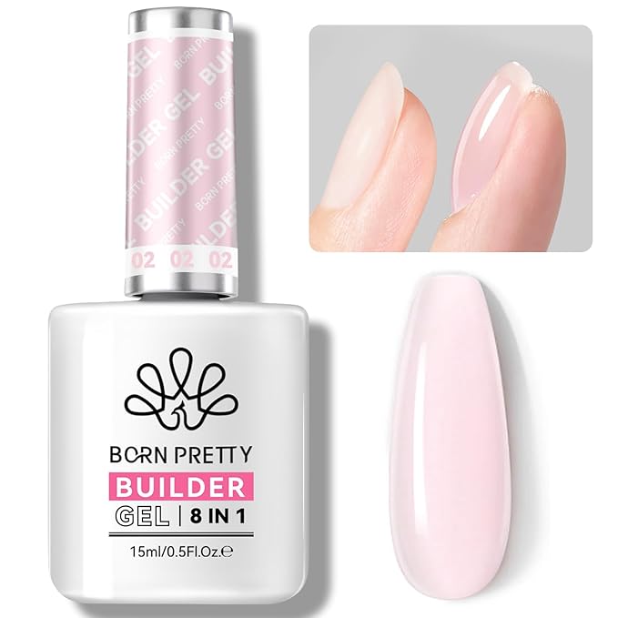 BORN PRETTY Builder Gel for Nails, 8-in-1 Extension Gel Strengthener Gel Hard Builder Nail Gel Base Top Gel, Sheer Pink Gel Builder Rhinestone Nail Glue Gel in A Bottle Nails 15ML