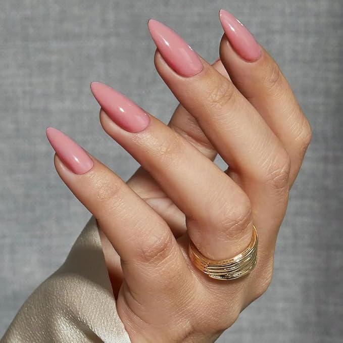 Rose Pink Press on Nails - Almond Shaped Medium Length Neutral Acrylic Reusable Fake Nails for Women Girls - Glue on Stiletto False Nails - Soft Gel Artificial