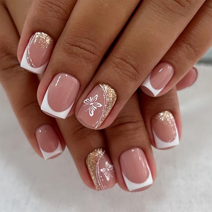 Press on Nails Square Short Spring Fake Nails Press ons White French Nail Tips Artificial Acrylic Kit Full Cover False Nails with Butterfly Glitter Design Stick on Nails for Women 24Pcs