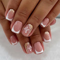Press on Nails Square Short Spring Fake Nails Press ons White French Nail Tips Artificial Acrylic Kit Full Cover False Nails with Butterfly Glitter Design Stick on Nails for Women 24Pcs