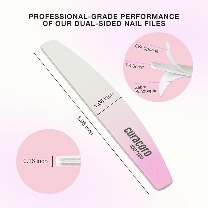 Curacoro 10 PCS Nail File - Professional Half-Moon Nail Files Double Sided Emery Board (100/180 Grit), Washable Nail Files and Buffers, Smooths & Shapes Nails, Manicure & Pedicure Buffing Tools
