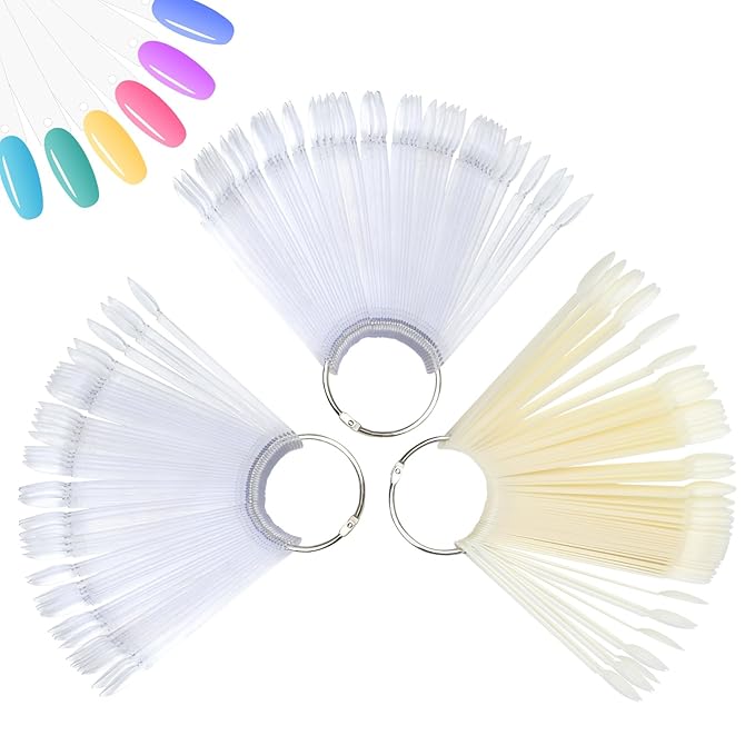 150PCS Nail Swatch Sticks with Ring Fan Shaped Nail Polish Sample Sticks False Nail Sample Swatches for Nail Practice Color Display