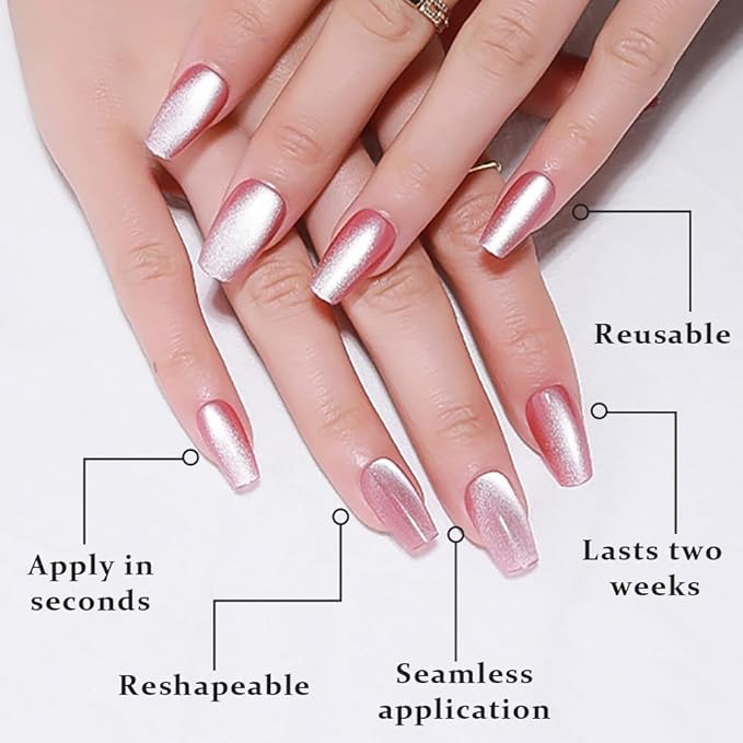 evpct Pink Cat Eye Press on Nails Square Medium Coffin, Medium Square Stick on Nails for Women Gift, Plum Pink Metallic Glitter Glossy Reusable Spring Summer Press on Acrylic Fake Nail with Design