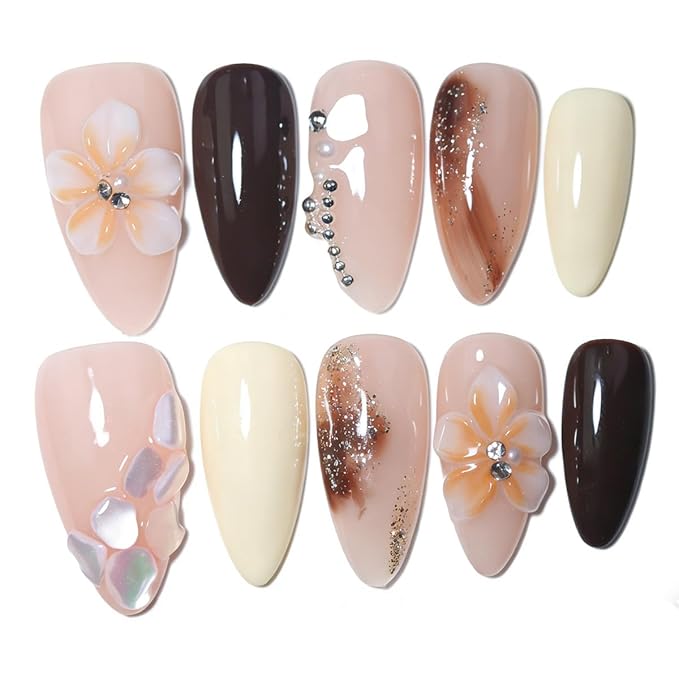 10 Medium Almond Handmade Press On Nails | Light Nude Pink Fake Nails with 3D Floral, Amber Ombre & Rhinestone Accents | Reusable Salon Quality Nails (5U04, M)