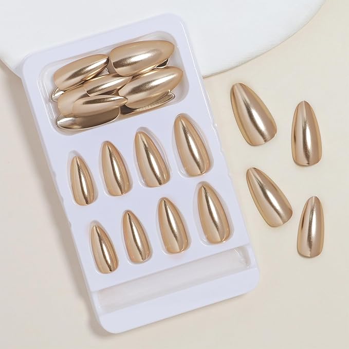 Gold Press on Nails Medium Almond Fake Nails Chrome Metallic False Nails Press ons Christmas Acrylic Glue on Nails Cute Artificial Stick on Nail for Women Manicure 24Pcs