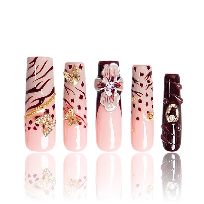 LOVFUL Mid Length Press on Nails Mystic Garden | Handmade Acrylic Press ons | Reusable Fake False Nails | Square Mid Length 1.7 in | H329-S