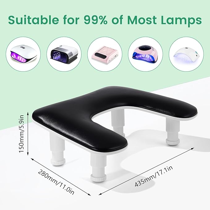 Big Arm Rest for Nails Tech: 2nd Generation U-Shaped Manicure Nail Arm Rest Stand Height Adjustable Armrest Microfiber PU Leather Hand Rest Pillow for Acrylic Nails (Black)