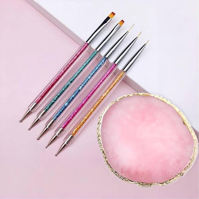 Resin Nail Art Palette with 5 Pcs Nail Art Painting Drawing Brushes, Nail Polish Mixing Palette Double-Ended Dotting Pen Nail Art Liner Brush Nail Drawing Brushes for Nail Art Design