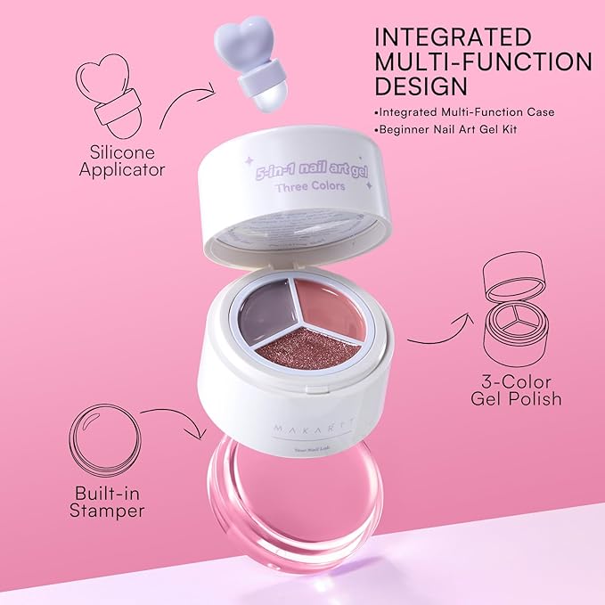 Makartt 5-in-1 Nail Art Gel: ColorPot 3 Colors Gel Nail Polish No Wipe with Nail Stamp for Stamping, Ombre Patting, Painting, French Tips & Sculpting with Silicone Head for Diy Nails at Home Salon