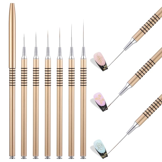 6Pcs Nail Art Liner Brushes Set, Fine Drawing Painting Details Design Striping Brush With Gel Polish Acrylic Handle Gifts Manicure Tools DIY Sizes 5/7/9/11/15/25mm, Gold