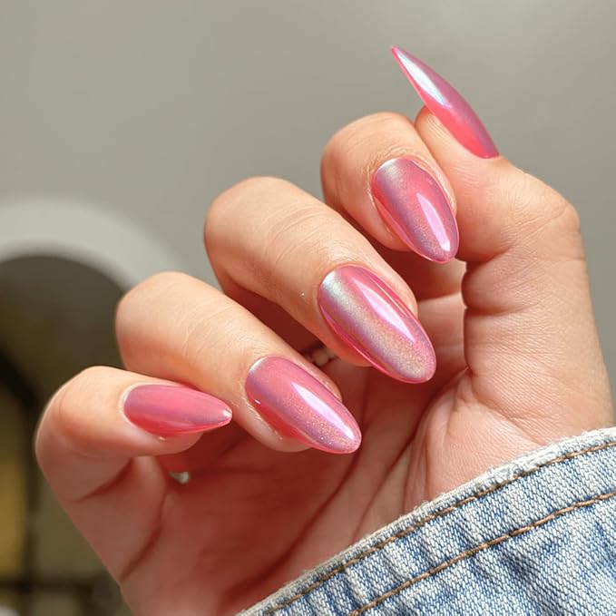 Maniology Press-On Nails Magnetic Angel | Medium Almond Shape Nail Tips – Fuchsia Pink Color Luminous Finish, Reusable, Durable & Easy Application, 30-Piece 15 Sizes False Nails Kit
