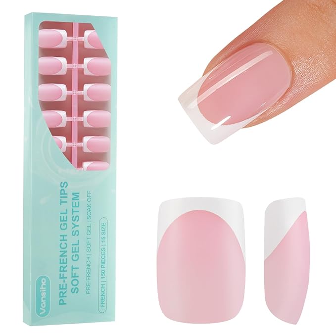 150Pcs French Gel Nails, Vansiho French Tip Press on Nails Pink, Short Square Soft Gel Nails, Acrylic Fake Nails for Nail Art DIY 15 Sizes