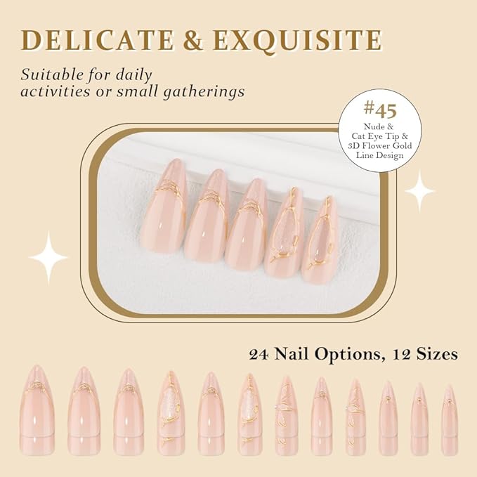 evpct 3D Cat Eye Press on Nails Medium Almond with Gold Line Design, Nude French Tip Stick on Nail for Women Gift with Kit, Reusable Full Cover Soft Gel Press on Fake Nail with 3D Flower Floral Design
