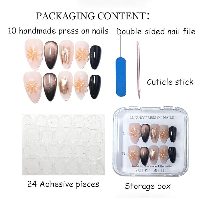 10 Medium Almond Handmade Press On Nails | Edgy Feminine Brown Cat Eye Fake Nails with 3D Floral, Gold Brushed & Black Accents | Reusable Salon Quality Nails (5U05, S)