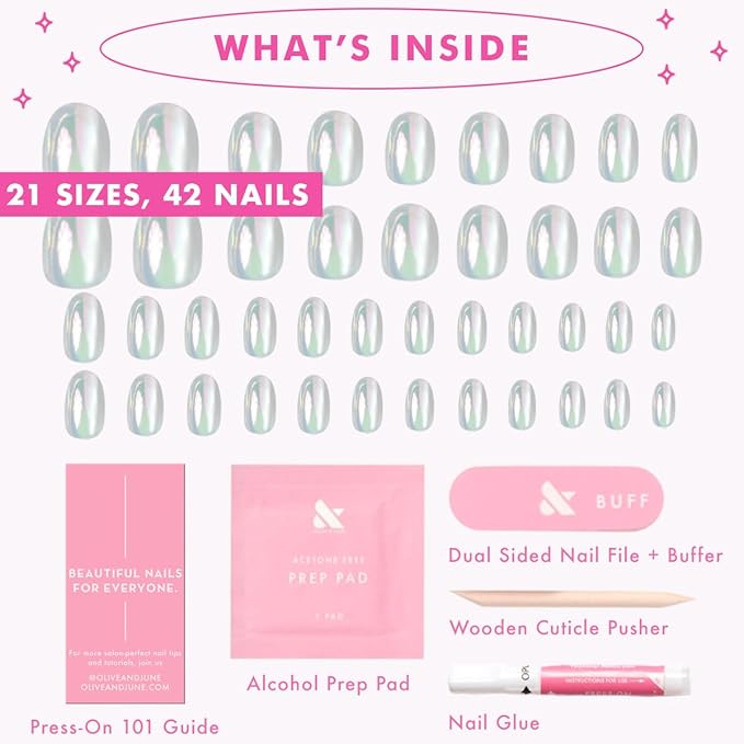 Olive & June Instant Mani Press-On Nails (Glue) | 42 Fake Nails, 21 Sizes | Non-Toxic, Long-Lasting Recycled Materials | Spring Flowers & Patterns | Extra Short, Round | Sheer Lavender Shimmer