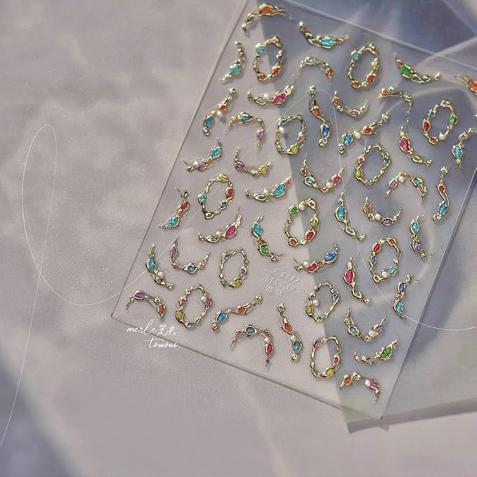 Pearl Gem Nail Stickers Diamond Nail Designs 3D Self-Adhesive Red Rhinestone Nail Decals 5D Embossed Gold Gemstone Jewelry Ribbon Summer Sticker Manicure Accessories for Women Girls DIY Nails 1 Sheet