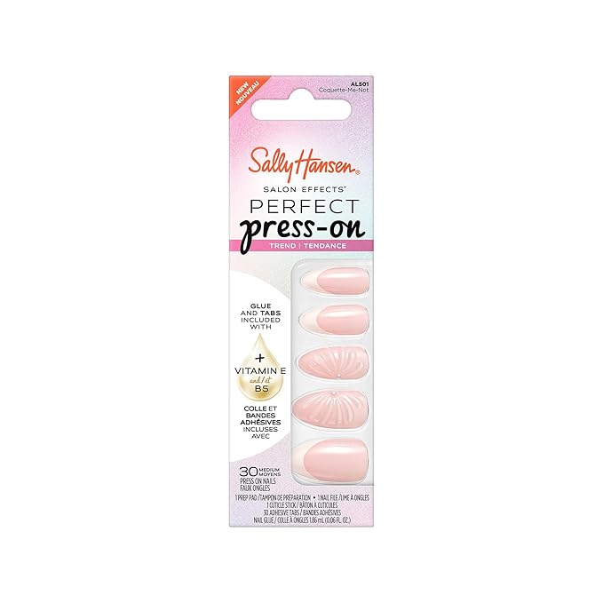 Sally Hansen Salon Effects Perfect Press-On Pink Nails | Almond Shape, 3D Design | Easy to Apply, Non-Damaging, Vitamin E & B5 | 30 Nails, Nail Glue, Adhesive Tabs, File| Blushing on You