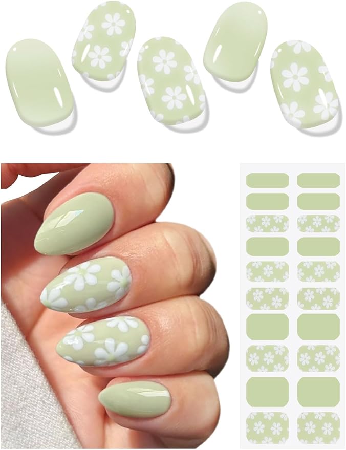 JMEOWIO Gel Nail Stickers White Flower Light Green Semi Cured Gel Nail Strips Wraps UV/LED Nails Art Design Decoration Accessories