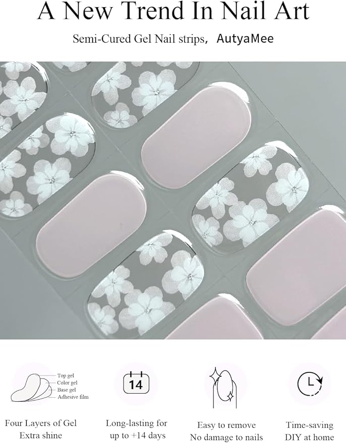 Semi Cured Gel Nail Strips (Soft Pink Floral), 20 Pcs Flower Gel Nail Wraps, Stickers, UV Light Required, Salon Quality, Long Lasting