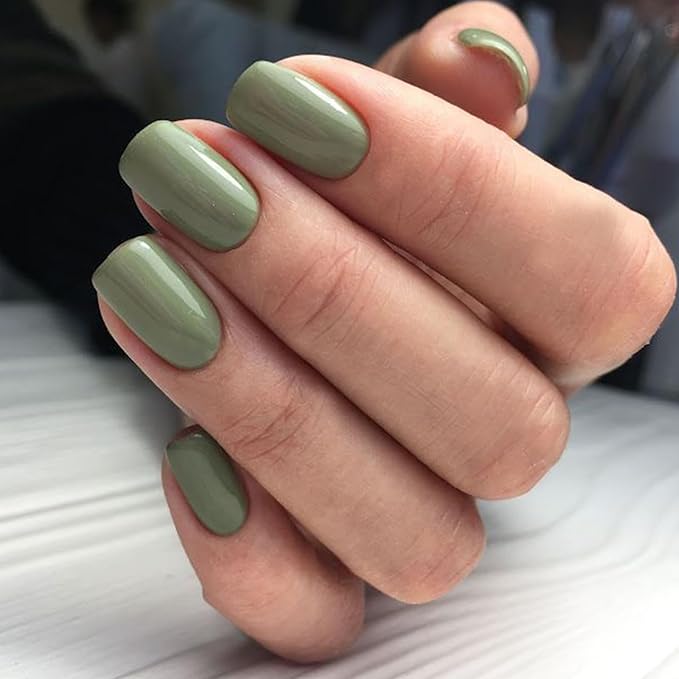 Modelones Green Press on Nails, Spring Short Square Fake Nails, Reusable Nail Kit with Nail Glue Adhesive Tabs Mini Nail File, Nails Press Ons 32Pcs16 Sizes, Women Girl Gift