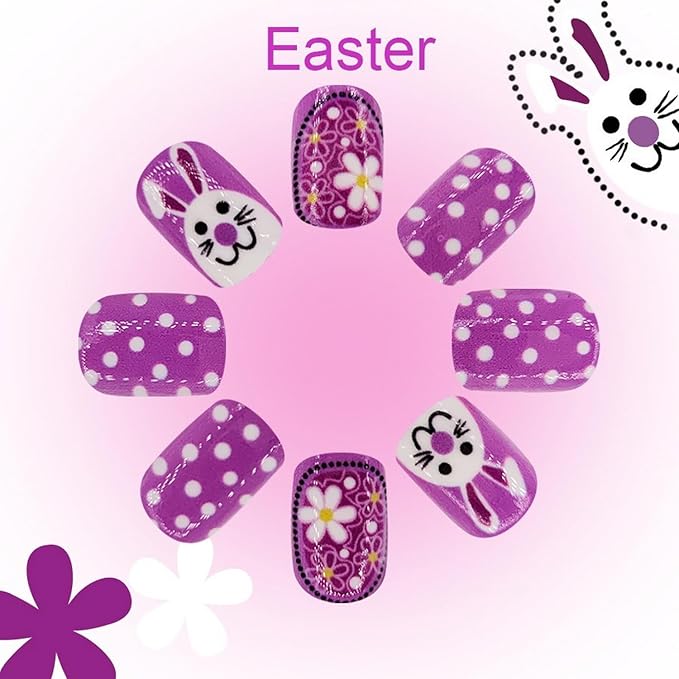 24 Pcs Easter Day Press on Nails Short Square Shaped Fake Nails with Cute Easter Bunny Designs Purple Flower White Dots False Nails Glossy Full Cover Acrylic Nails Stick on Nails for Women Nail Art