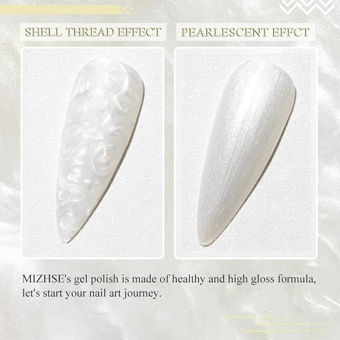 MIZHSE Pearl White Gel Nail Polish, Shimmer Mermaid Gel Polish Glitter Gels Polish Swirl Shell Thread Effect Soak Off U V Salon Home DIY Manicure Use10ml