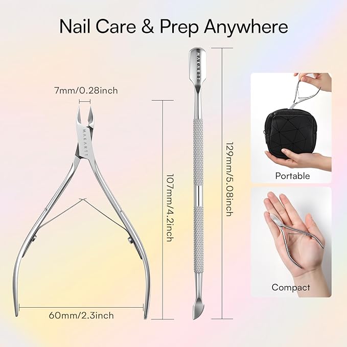 Makartt Cuticle Trimmer with Cuticle Pusher - Stainless Steel Cuticle Nipper with Dual Spring, Ergonomic Handle, 7mm Blade & Dual-Ended Pusher for Nail Care & Gel Removal, Silver