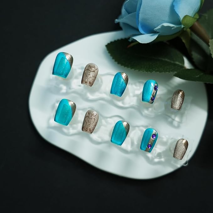 Luxury Blue Cat Eye Press on Nails, Handmade 3D Short Square Nails Glitter Blue & Gold Ombre with Heart Line Art and Rhinestone Accents for New Year,Party, Valentine's Day(Neon Cat Eye,M)