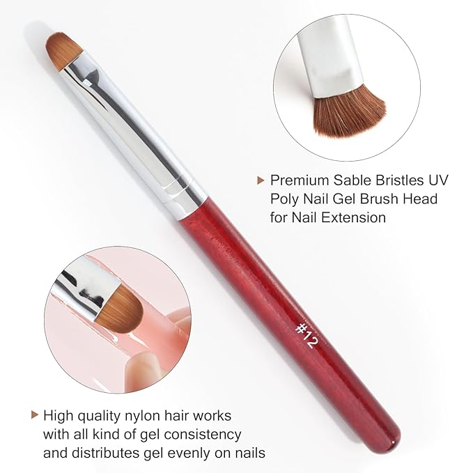 French Manicure Clean-Up Brush, French Gel Acrylic Nail Art Kolinsky Brush for Professional Manicure Cuticle Clean Up Nail Art Design, Red Wood Handle (12#)