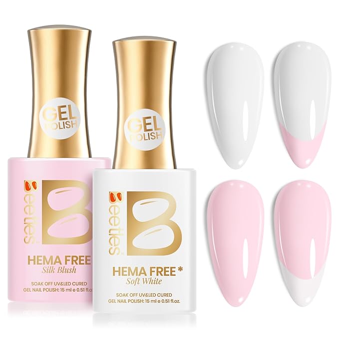 Beetles French Tip Gel Polish - Blush Moonlight 15ML with French Tip Stickers, Hema Free White Light Pink Gel Nail Polish, Same Color Bottle, Soak Off UV LED Lamp French Nails Art for Spring Nails