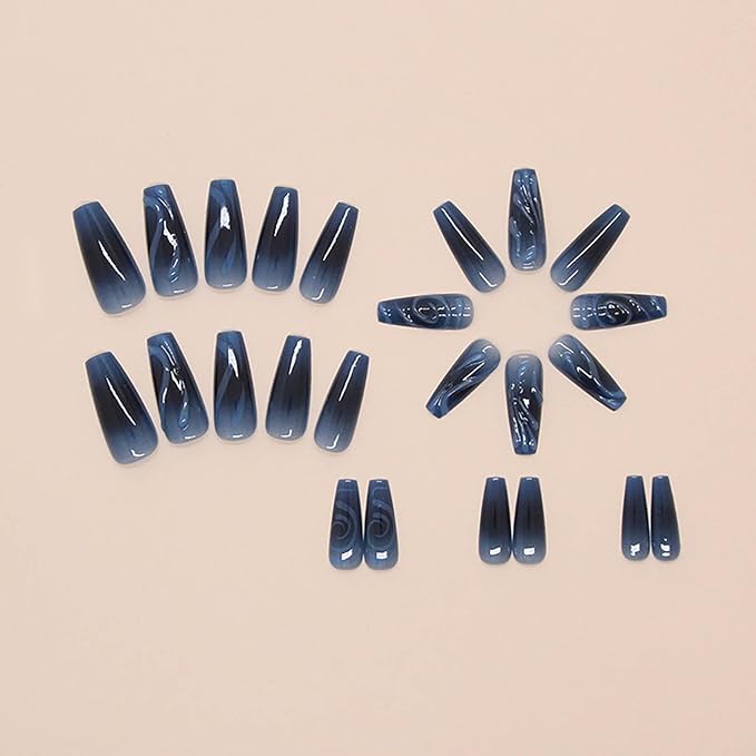 RTKHFZE Coffin Press on Nails Long Length,Ocean Blue Fake Nails with Stripes Design Ombre False Glue on Nails Winter Nails for Holiday/Christmas Gift for Women
