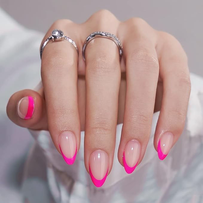 French Tip Press On Nails Almond - BTArtbox Hot Pink Short Stick On Nails for Women, Glue On Nails with Nail Glue in 16 Sizes - 32 Soft Gel Fake Nails Kit, Berry French
