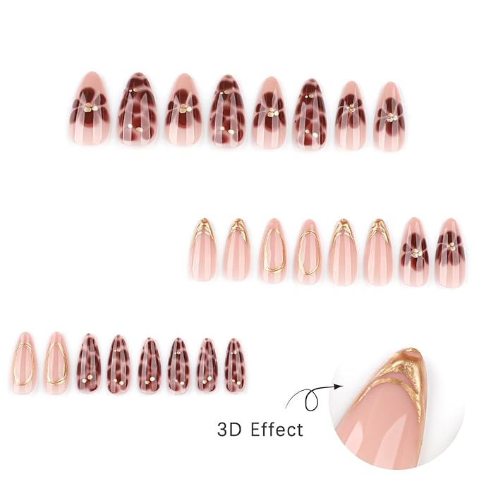 24Pcs Almond Shaped French Tip Chrome Gold 3D Lines Design Acrylic Press-On False Nails for Women Girls Manicure Decor