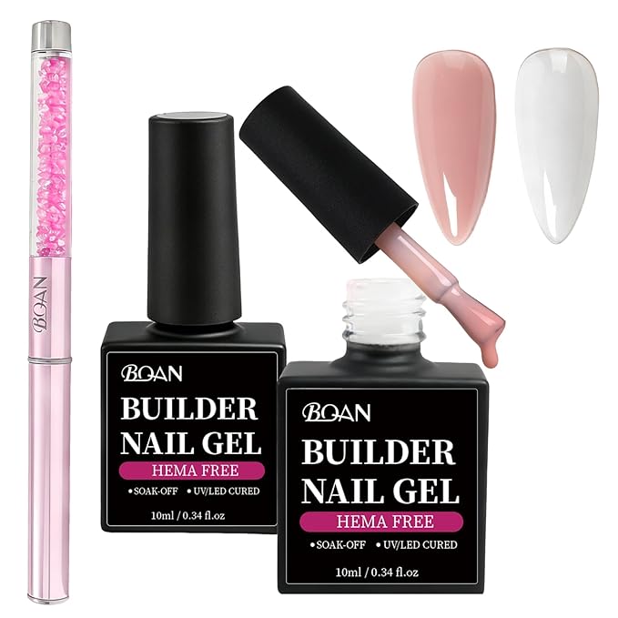 BQAN HEMA-Free Builder Gel, 7-in-1 Self-Leveling Nail Extension Gel with Base/Apex/Strengthener, Low Odor UV/LED Lamp Cured, 2Pcs Professional Nail Building System for Salon & Home (White & Nude)
