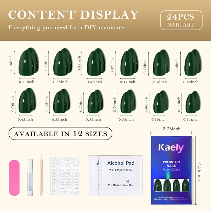 evpct Green Glossy Press on Nails Short Almond, Glossy Green Fake Nails False Nail Pure Color with Kit, Salon Quality Soft Gel Stick on Acrylic False Soft Nails Reusable Full Cover for Women Manicure