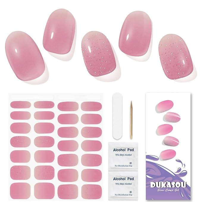 Semi Cured Gel Nail Strips (Pink), 28 pcs Gel Nail Stickers, Work with Any UV Lights, Long-Lasting NailWraps for Women, Salon-Quality, Easy to Apply & Remove