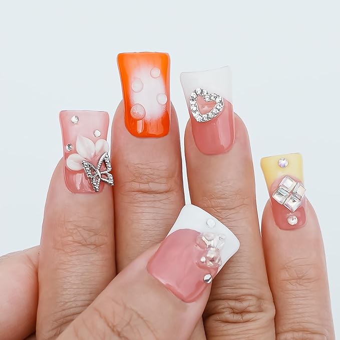 Handmade Press on Nails Short Duck - 3D Floral Metallic Butterflies False Nails Luxury Rhinestone Cherry Petal Flower Design, Reusable Thick Acrylic Full Cover(Spring Bloom Pop,L)